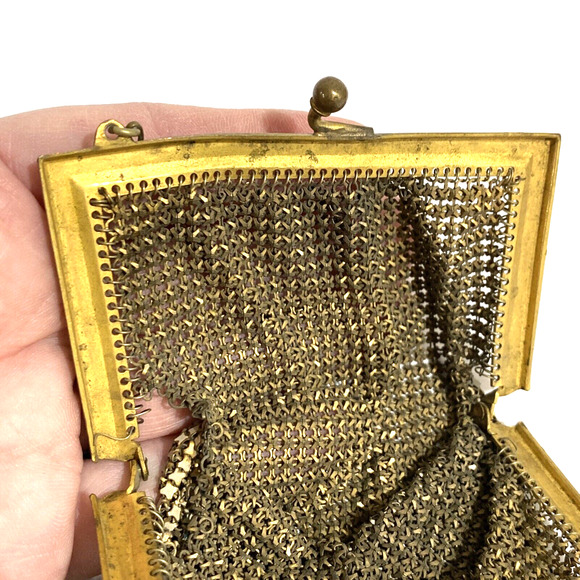 Vintage 1920s metal mesh purse Art Deco geometric white enamel blue gold flaws - Picture 11 of 12